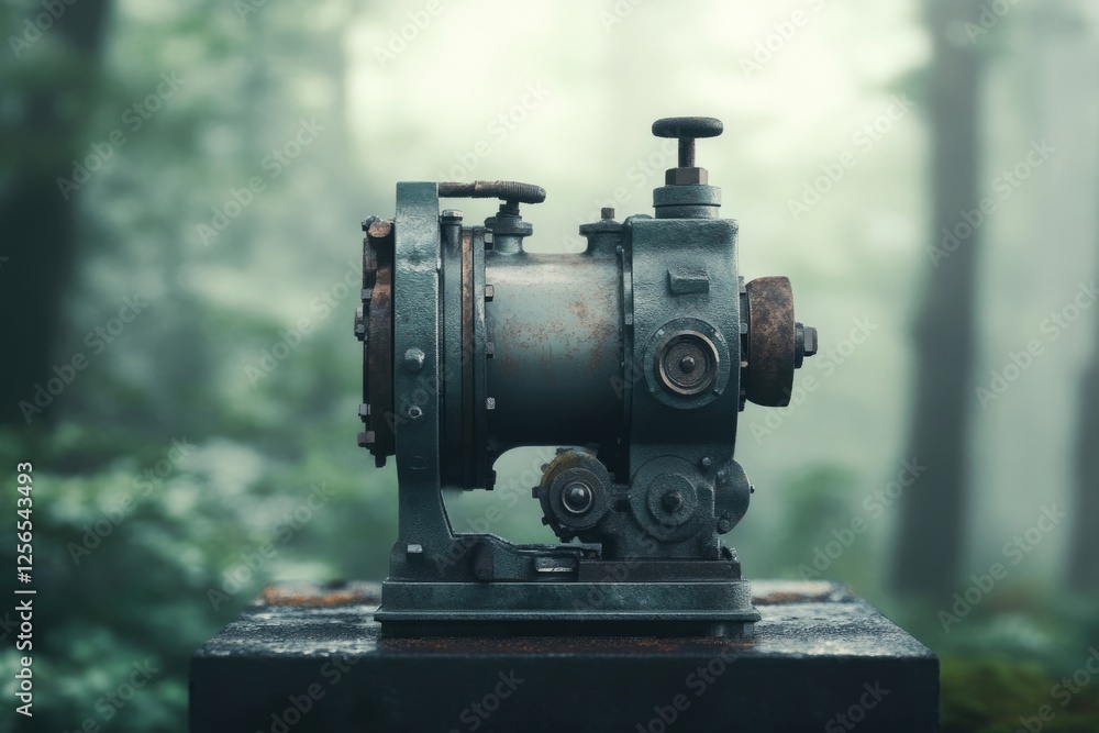 Fototapeta premium Old, weathered mechanical device sits in a misty forest, showing signs of age and rust.