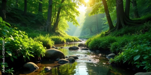 Sun-dappled green forest, clear stream flows peacefully through lush foliage, nature, scenic
