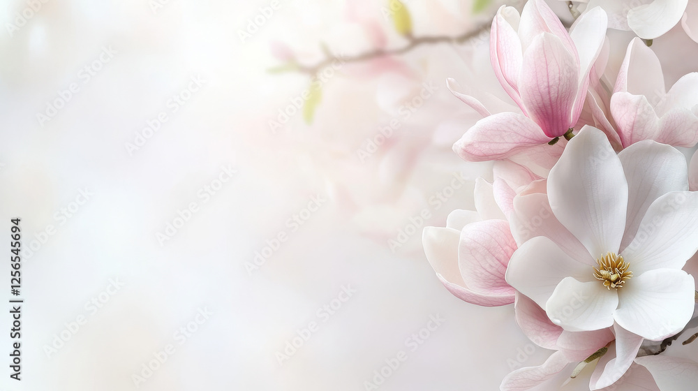 Blooming Magnolia Branch in Springtime Scene with Soft Pastel Background. Concept of Natural Beauty, Rebirth, Tranquility, Botanical Elegance. Spring background. Copy space Blooming Magnolia Branch in Springtime Scene with Soft Pastel Background. Concept of Natural Beauty, Rebirth, Tranquility, Botanical Elegance. Spring background. Copy space