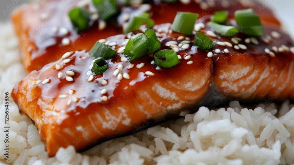 Close-up of rice with tangy teriyaki glazed salmon. Featuring salmon in a sweet teriyaki sauce, served over rice. Emphasizing a sweet, tangy dish. Ideal for teriyaki recipes. Close-up of rice with tangy teriyaki glazed salmon. Featuring salmon in a sweet teriyaki sauce, served over rice. Emphasizing a sweet, tangy dish. Ideal for teriyaki recipes.