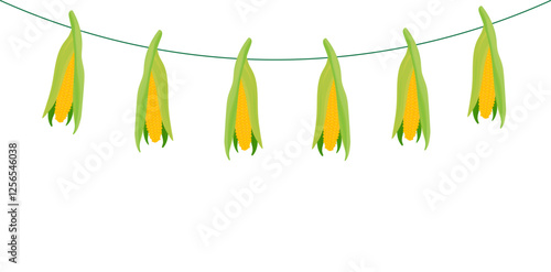 Set of ripe yellow corn with green and yellow leaves, slices and individual grains. Vector illustration in flat style isolated on white background.