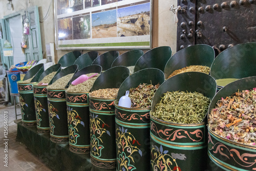 Spice shop, in Marrakech Medina, souks of spices.