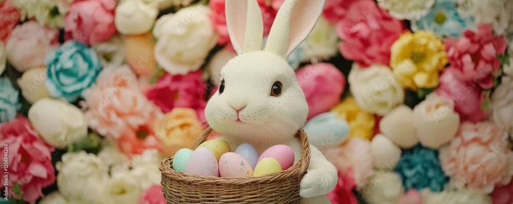 Obraz premium White bunny holding basket of colorful easter eggs with floral background