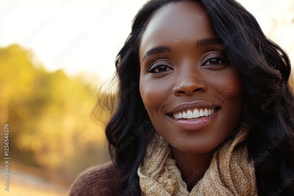 Smiling african female in autumn scarf with natural background Smiling african female in autumn scarf with natural background