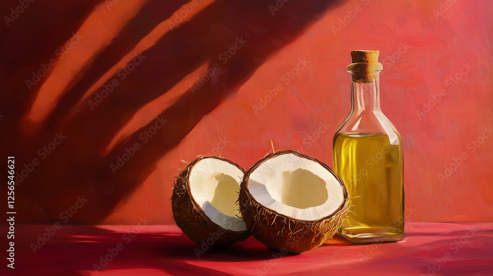 coconut food oil bottle and coconut isolated on maroon background coconut food oil bottle and coconut isolated on maroon background