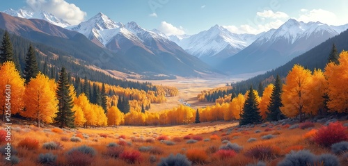 Symmetrical autumn valley in Sierra Nevada mountains illustration. Colorful symmetric landscape with vibrant fall foliage. Forest nature scene with blue sky, green grass, yellow aspen trees, snowy