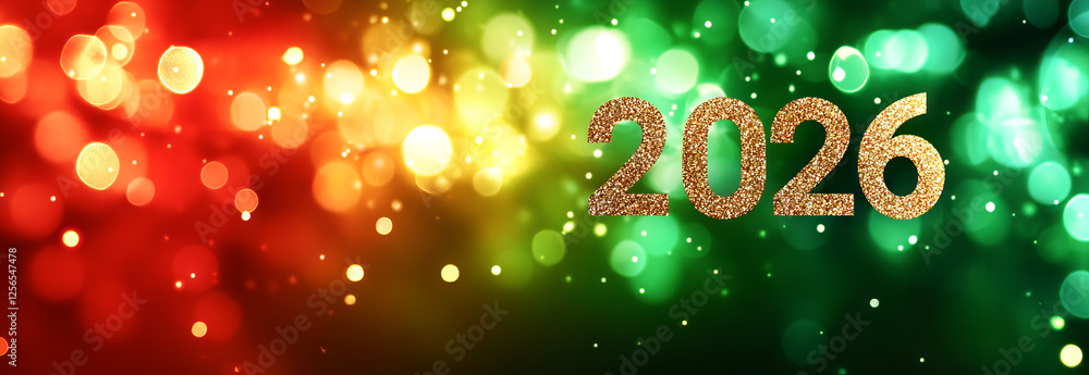 Elegant golden Christmas 2026 banner with subtle shimmer in festive red and green bokeh background. Concept of New Year celebration, holiday sparkle, glamour, festive atmosphere. Copy space Elegant golden Christmas 2026 banner with subtle shimmer in festive red and green bokeh background. Concept of New Year celebration, holiday sparkle, glamour, festive atmosphere. Copy space