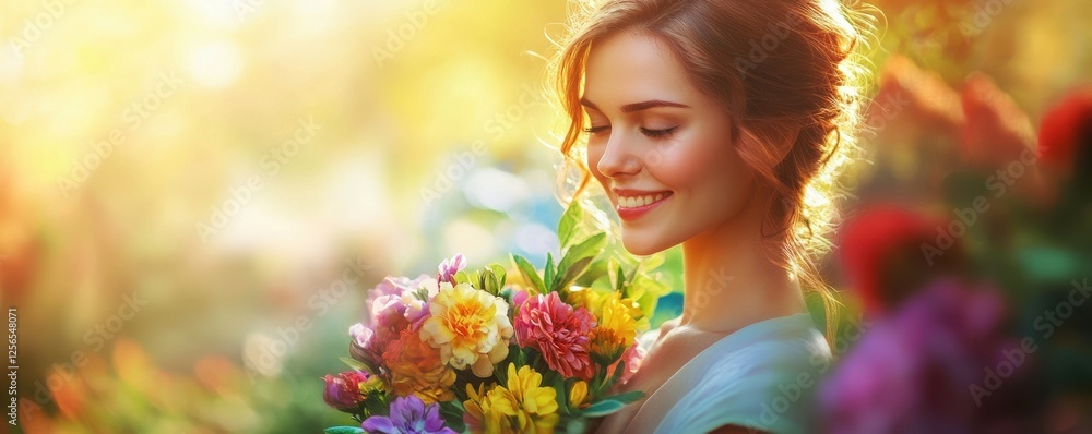Fototapeta premium Caucasian young woman enjoying colorful bouquet in sunlit garden