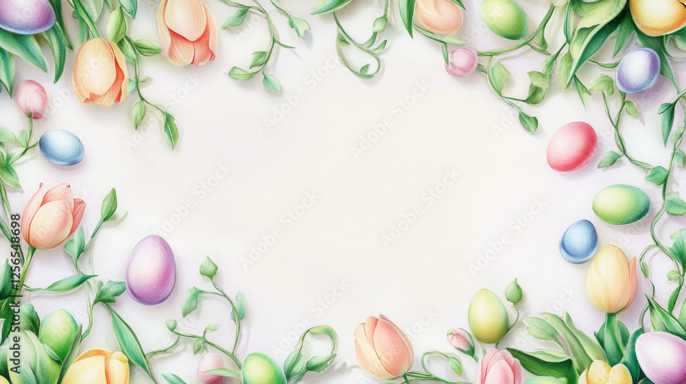 Fototapeta premium Watercolor border of pastel Easter eggs and flowers. Concept of spring celebration, festive decoration, Easter holiday, floral arrangement greeting card, copy space