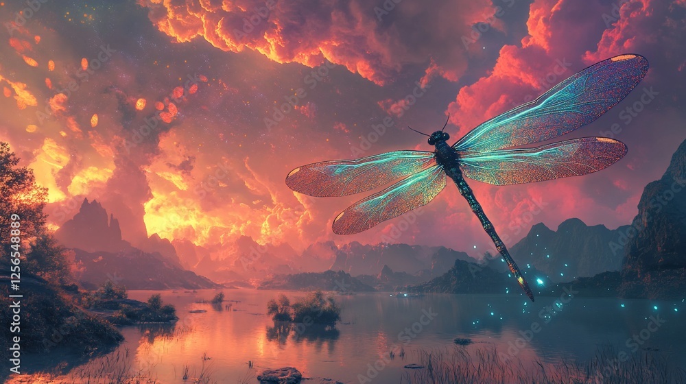 Fototapeta premium Dragonfly's Flight Over a Serene Sunset Landscape