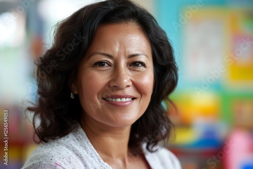 Smiling hispanic female adult teacher in colorful classroom setting