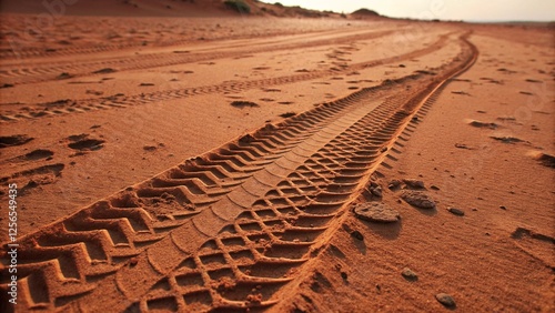 The intricate pattern of tire treads is sharply defined in the red desert sand, creating a detailed close-up view of tracks in an otherworldly setting. The image emphasizes texture and the mark of mac photo