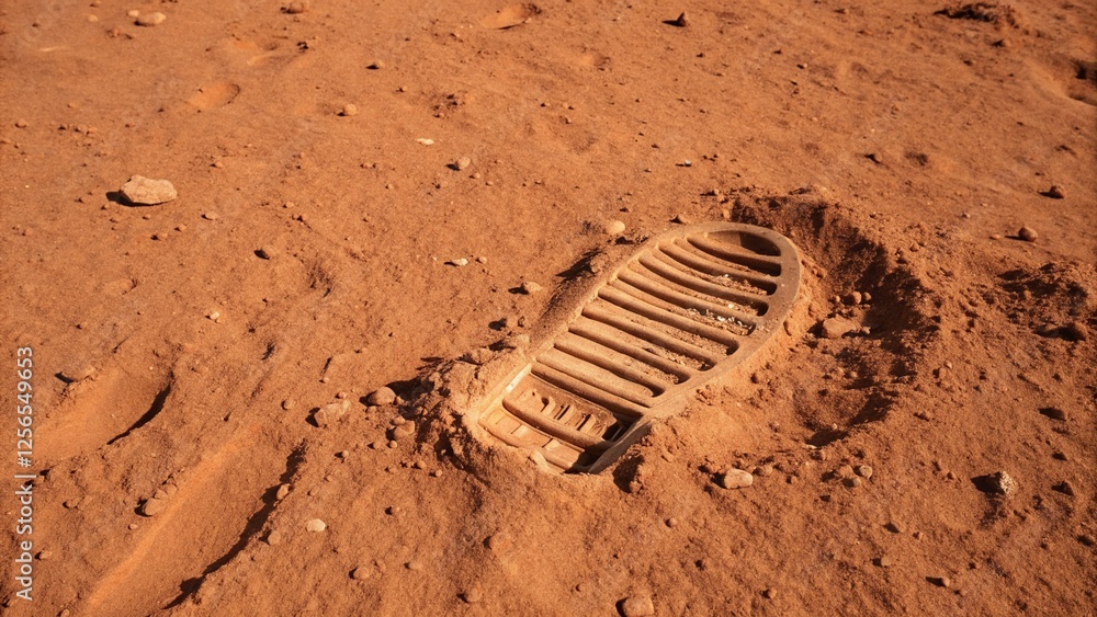 Fototapeta premium A distinct shoe print is pressed into the fine, sandy terrain of a desolate desert. The image captures the stark contrast between the human mark and the barren, natural environment, evoking a sense o