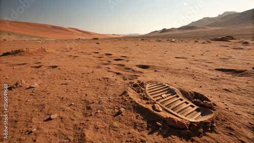 A deep footstep impression is visible in the fine, red desert sand, suggesting recent passage.  The rich, earthy tones of the sand and the clear imprint create a visually striking image of human prese photo