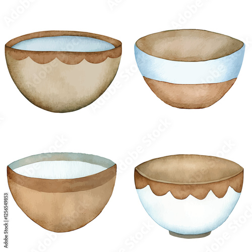 Bright blue bowl watercolor hand drawn set collection