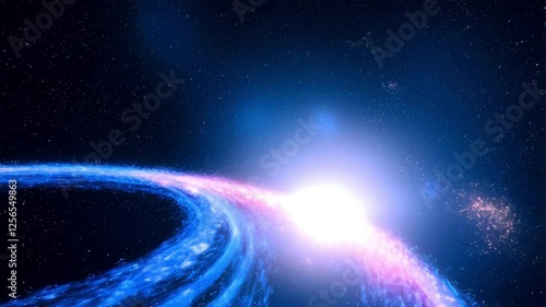 Swirling clouds of blue and orange interstellar gases surrounding a bright wormhole opening, symbolizing space travel and time exploration.