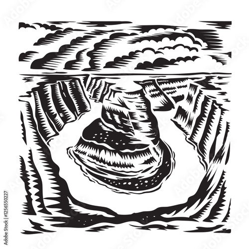 Retro woodcut style illustration of Horseshoe Bend within Glen Canyon National Recreation Area in the east rim of Grand Canyon near Page, Arizona, USA  on isolated background done in black and white.
