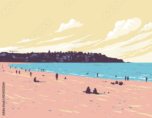 WPA poster art of the surf beach on Bondi Beach in Waverley, the Eastern Suburbs within Sydney, New South Wales in Australia done in works project administration or federal art project style.
