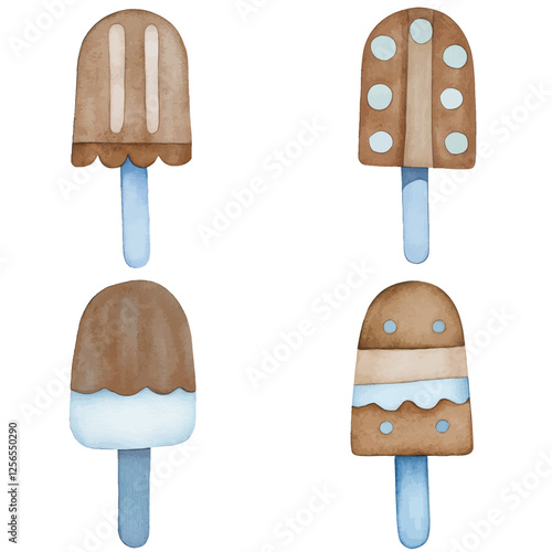 Bright blue popsicle watercolor hand drawn set collection
