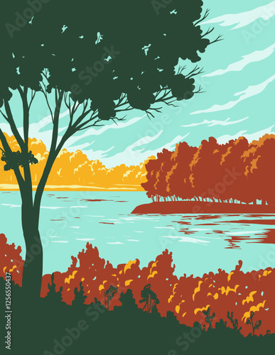 WPA poster art of White Bear Lake in Ramsey and Washington County in the Minneapolis-Saint Paul metropolitan area Minnesota USA done in works project administration or federal art project style.
