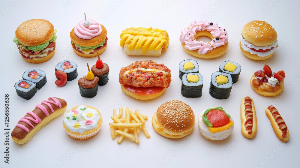Fast food cafe, bakery shop and sushi bar thin line icons. Burger and hot dog, pizza and soda, french fries and sausage, chicken and taco, sushi and noodles, cakes and ice cream, donuts and popcorn Fast food cafe, bakery shop and sushi bar thin line icons. Burger and hot dog, pizza and soda, french fries and sausage, chicken and taco, sushi and noodles, cakes and ice cream, donuts and popcorn