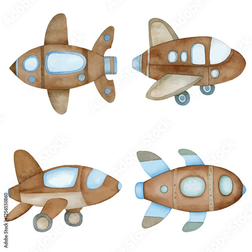 Bright blue spaceship watercolor hand drawn set collection for kids
