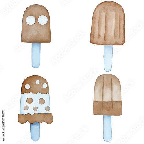 Bright blue popsicle watercolor hand drawn set collection