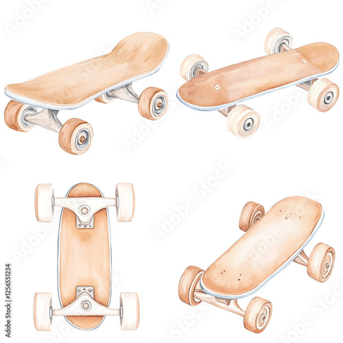 Bright blue skateboard watercolor hand drawn set collection for kids