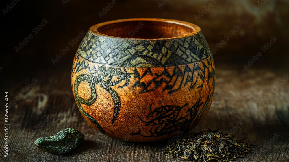 Calabash gourd cup with yerba mate tea isolated realistic icon. Vector south American hot beverage dry tea leaves in wooden cup with lizard reptiles prints. Organic hot drink from Uruguay Argentina Calabash gourd cup with yerba mate tea isolated realistic icon. Vector south American hot beverage dry tea leaves in wooden cup with lizard reptiles prints. Organic hot drink from Uruguay Argentina