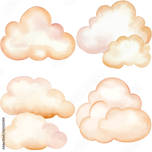 Bright blue cloud watercolor hand drawn set collection