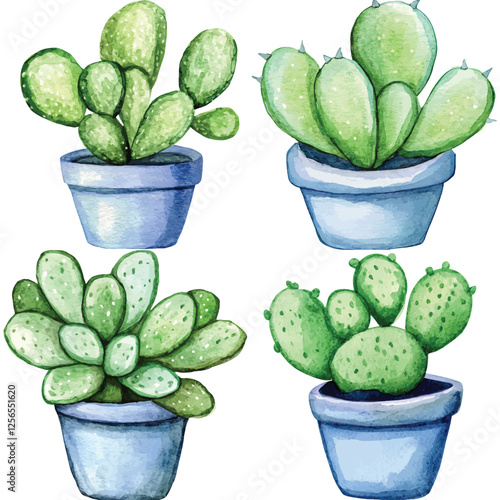 Cactus pad watercolor set hand drawn