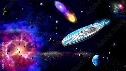 A whimsical 2D cartoon-style depiction of space travel across the universe.