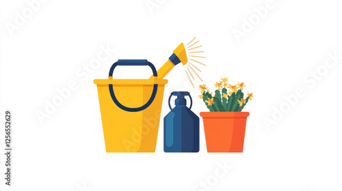 Gardening tool icon for watering and plant care work. Watering hose, bucket and spray bottle isolated symbol for garden equipment, agriculture and horticulture themes design photo