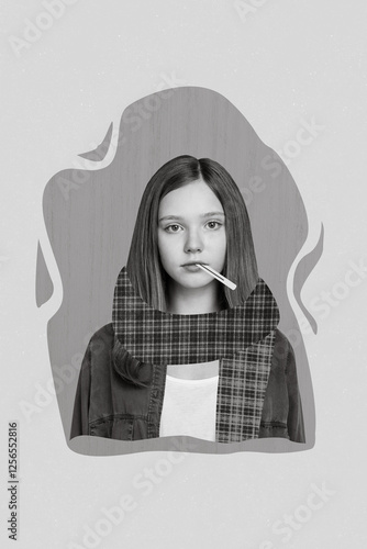 Composite photo poster artwork collage of young teenager girl wear painted plaid warm cozy scarf ill measure thermometer isolated on beige background photo