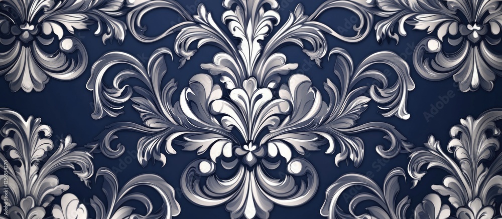 Exquisitely Detailed Damask Pattern in Elegant Navy Blue and Silver Exquisitely Detailed Damask Pattern in Elegant Navy Blue and Silver