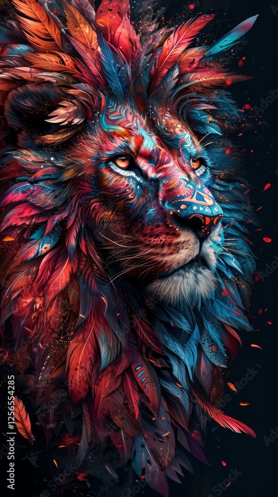 Fierce Lion with Abstract Multicolored Feathers and Intense Gaze. Fierce Lion with Abstract Multicolored Feathers and Intense Gaze.
