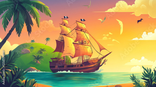 Cartoon pirates sail ship near the island. Vector scene with galleon vessel with corsairs on deck, sailing by a lush green island during sunset under the vibrant skies create an adventurous atmosphere photo