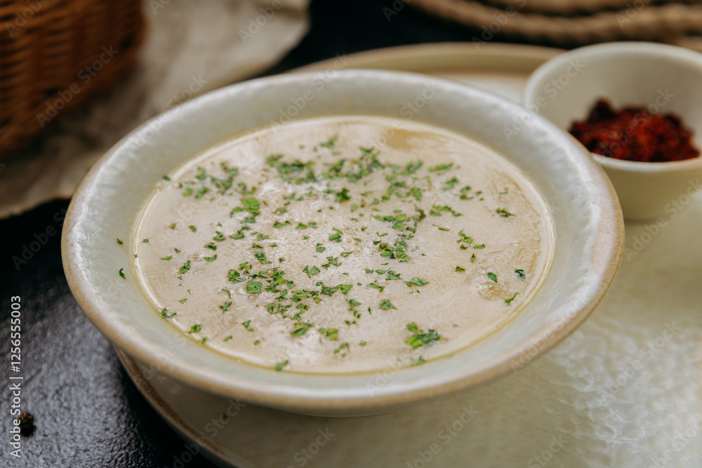 Creamy lentil soup with flatbread, sesame seeds, chili flakes, and lemon, served in an elegant style Creamy lentil soup with flatbread, sesame seeds, chili flakes, and lemon, served in an elegant style