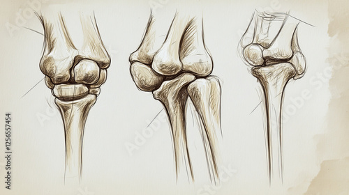 Anatomy of human knee vector sketch of leg bones and joint, medicine design. Side and front view of knee bones, hand drawn femur, patella, tibia and fibula, tibial plateau and lateral condyle photo