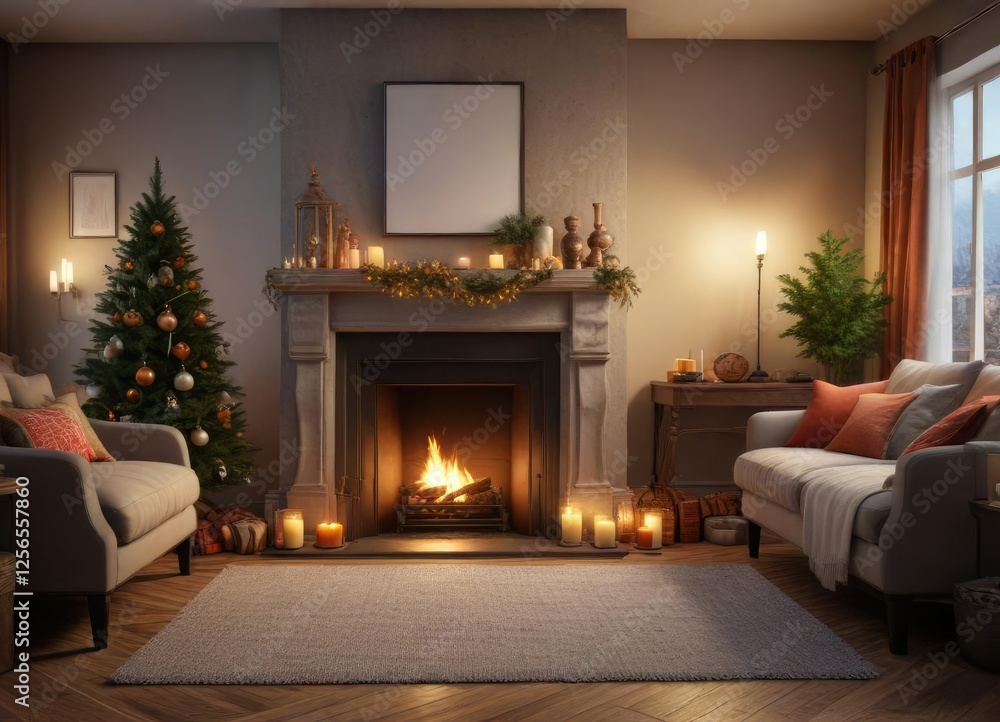 Cozy living room with a roaring fireplace and festive decorations , warmth, decorations Cozy living room with a roaring fireplace and festive decorations , warmth, decorations