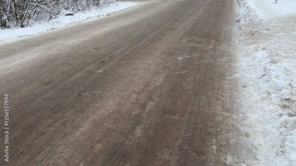 A vivid depiction showcasing a snowy, icy road that illustrates the current winter travel conditions
