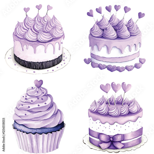 Pink frosting on cake watercolor hand drawn set collection