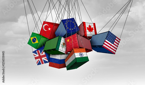Fotografie US Global Trade War and USA versus China India Canada and European union  as American tariffs with opposing cargo freight containers in conflict as an economic dispute over import and exports