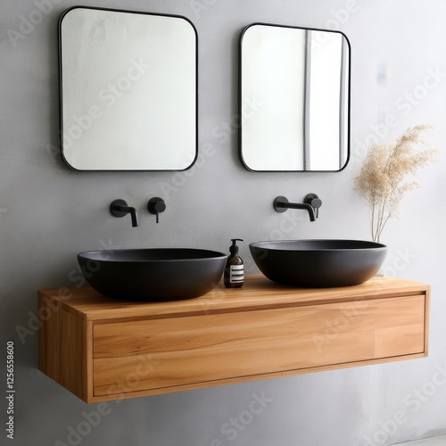 Floating teak vanity with a matte finish and eco-friendly materials photo