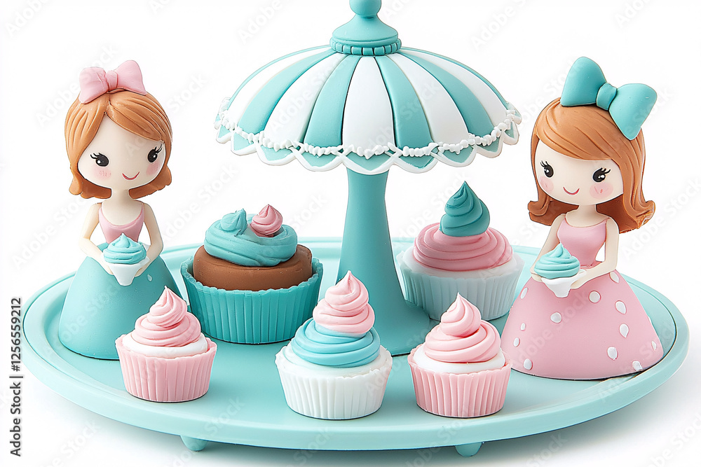 Pastel cupcakes and doll figurines arranged on a light blue tiered serving tray. Pastel cupcakes and doll figurines arranged on a light blue tiered serving tray.
