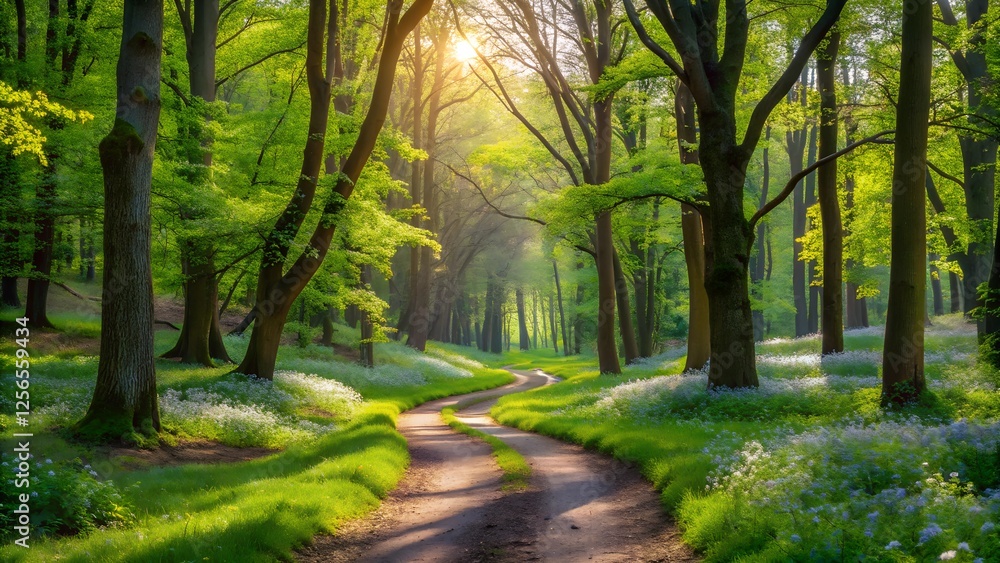 Fototapeta premium Sunlit Path Through Spring Forest