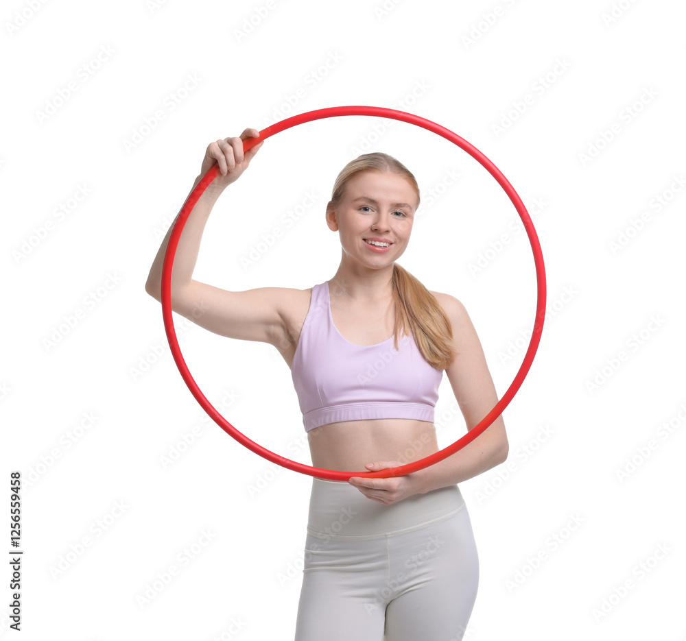 Beautiful young woman with hula hoop isolated on white Beautiful young woman with hula hoop isolated on white