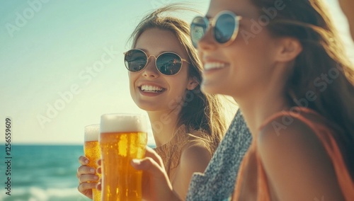 Beach Day with Friends: Two cheerful women enjoying beers by the ocean.  Sunny day, summer vibes, friendship and relaxation.