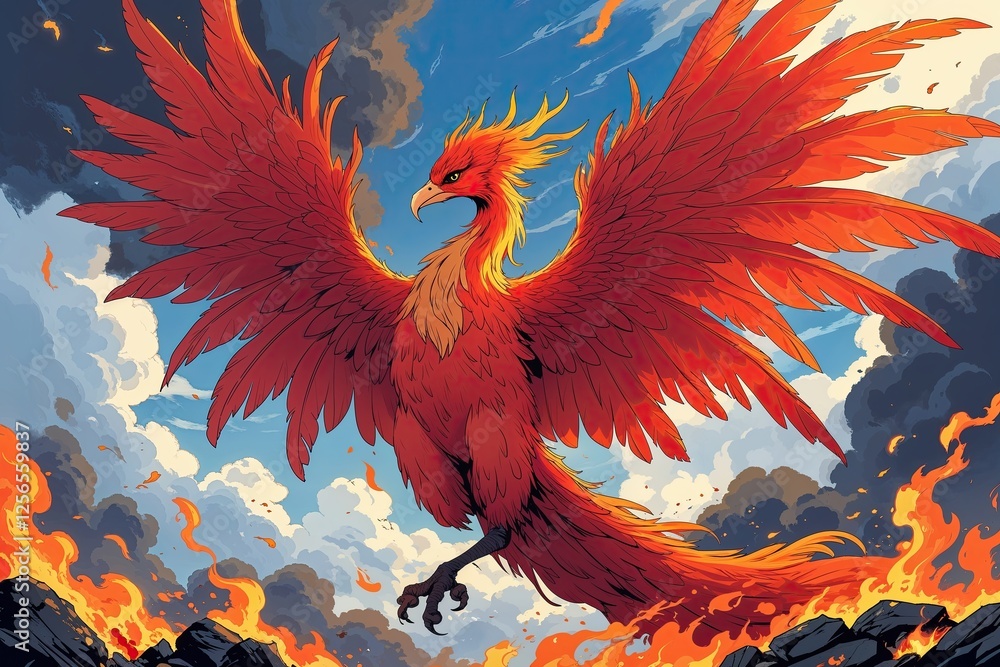 Phoenix Illustration Evoking Themes of Renewal and Resilience Rising from Ashes Phoenix Illustration Evoking Themes of Renewal and Resilience Rising from Ashes