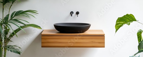 Floating vanity in a rainforest retreat, made from sustainable bamboo and teak photo